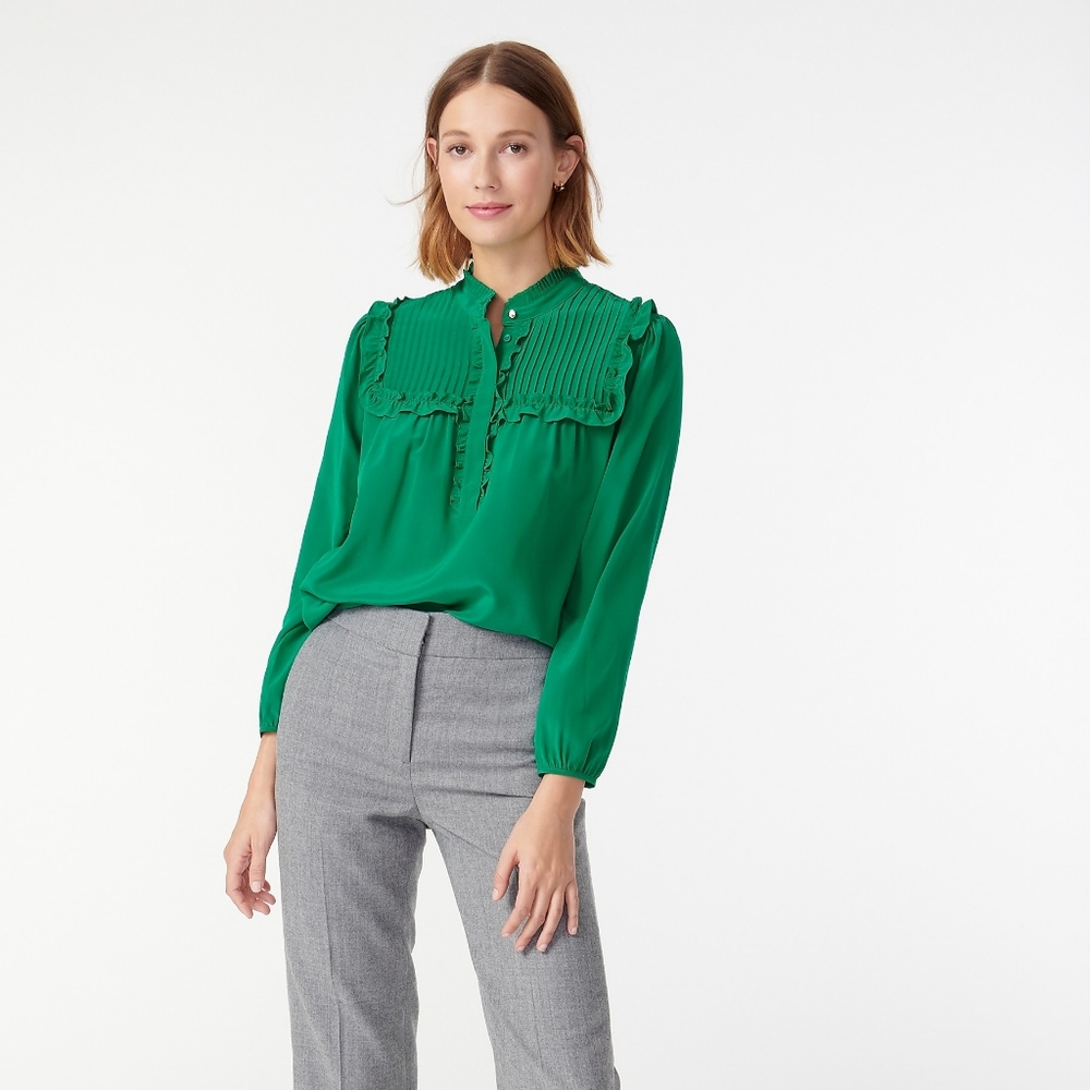 New! J Crew Emerald Green Silk Ruffle Popover Top in XS ≈ size 2-4 NWT